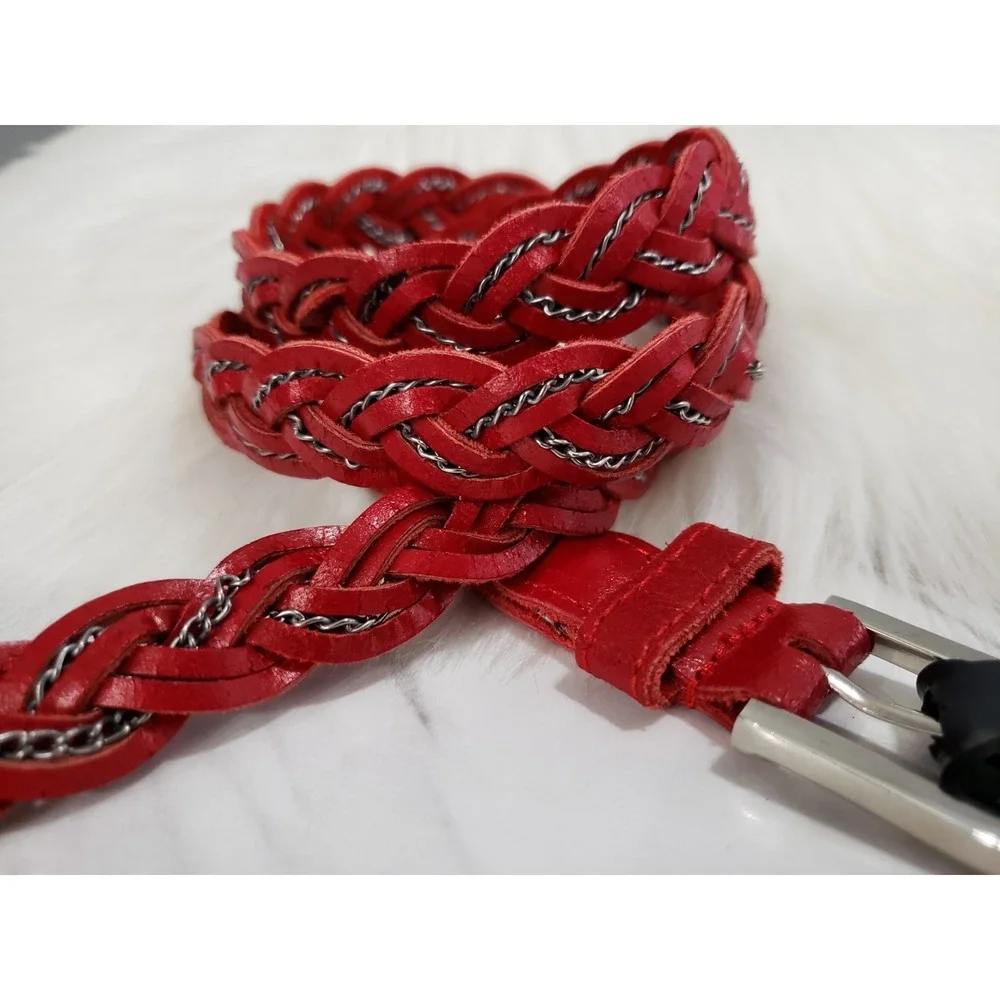 Vintage Braided Skinny Red Chainmail Leather Belt Womens gothic biker emo grunge